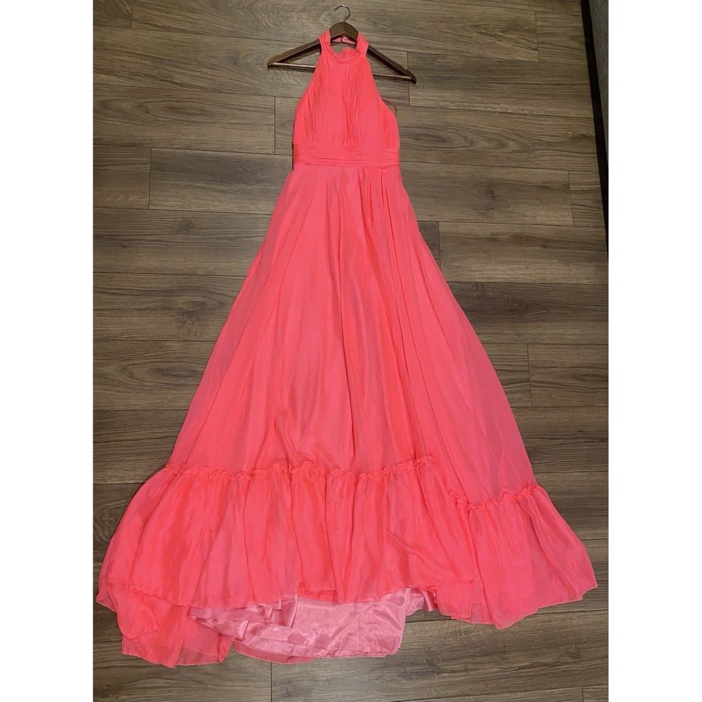 Mac Duggal Hot Pink High Neck Tiered Chiffon Halter Side Slit Gown Size 2 $258 - Picture 3 of 16
